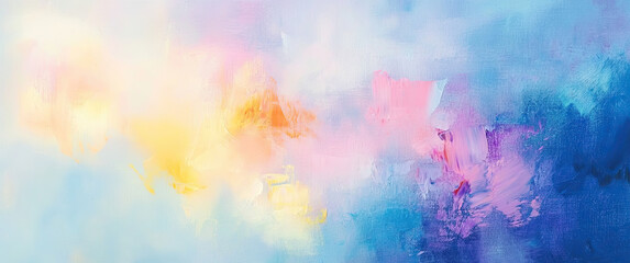 Abstract pastel painting with soft hues of blue, pink, and yellow, evoking calmness.