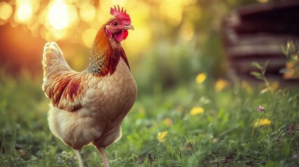 Fototapeta premium Brown Hen in Lush Green Field at Sunset