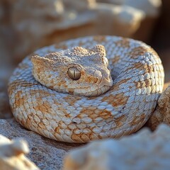 Fototapeta premium Close-up of a pale, coiled desert viper on rocks.