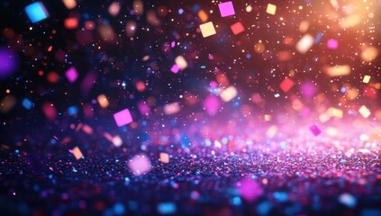 Colorful glitter particles falling against a dark background creating a festive atmosphere with vibrant lights and sparkling effects in a dynamic celebration scene
