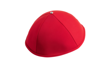 Red hat with a silver button on top, isolated