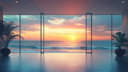 A serene seascape with rolling waves under a pastel-colored sky, seen through a minimalist office’s wide glass windows, natural textures in the interior reflecting the warm light,
