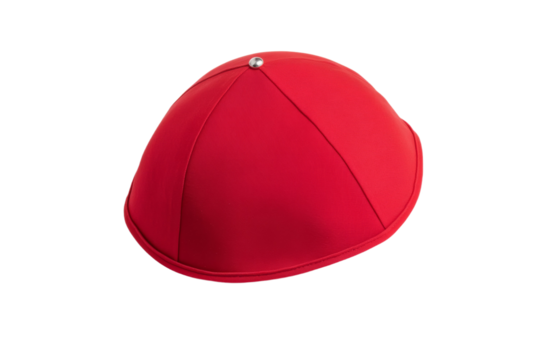 Red hat with a silver button on top, isolated