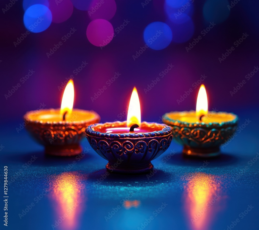 Poster colorful illuminated candles on a reflective surface with a soft bokeh background, creating a warm a