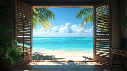 A serene tropical beach framed by the open shutters of a rustic office window, vibrant turquoise water sparkling under the sun, palm trees gently swaying, warm wooden desk and cozy workspace inside,