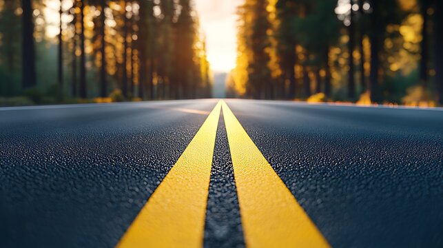 Sunset road journey, forest path, golden hour, travel adventure, nature background - Powered by Adobe