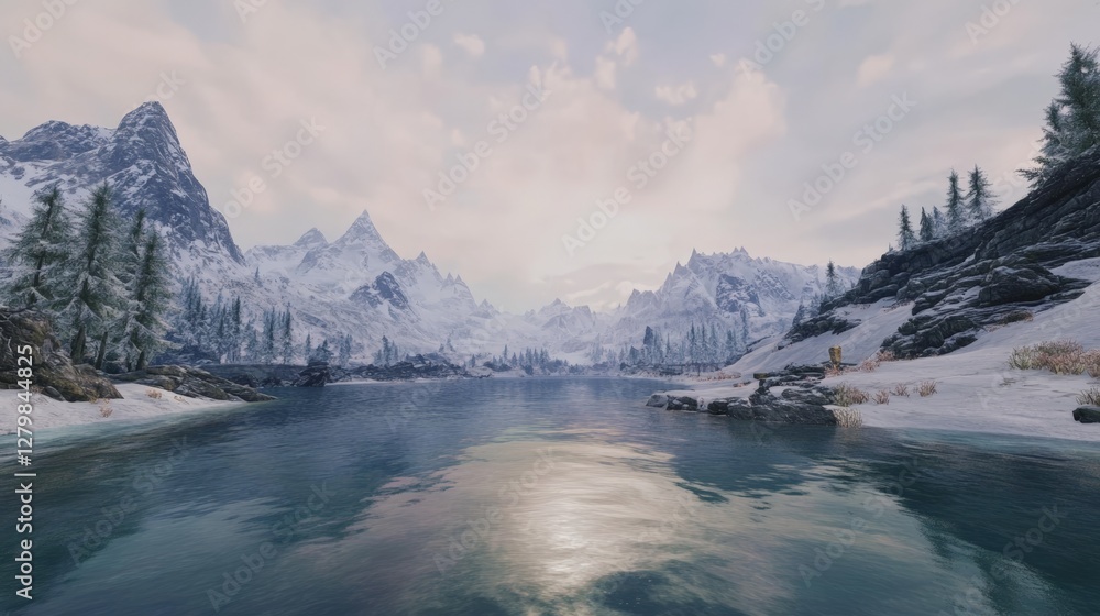 Poster calm lake reflecting snowy mountains and cloudy sky in a beautiful winter landscape with pine trees 