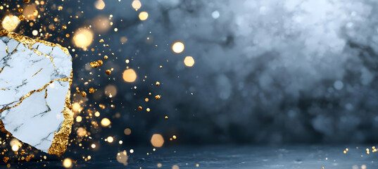 Elegant marble and gold glitter backdrop; bokeh lights; dark background; product display; website banner