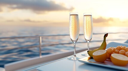 Sunset yacht champagne toast; ocean view