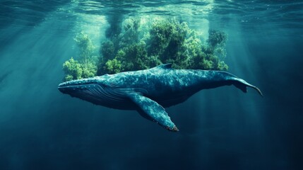 Fototapeta premium Pixelated Humpback Whale Undersea, Sunlight Rays Through Green Algae