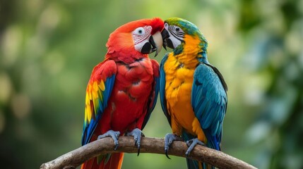 Fototapeta premium Two Macaws Perched on Branch, Red and Blue Plumage, Tropical Setting
