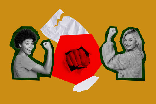 Trend composite sketch template 3D photo collage of silhouette two young lady hand gesture fist feminism power vote activist equality - Powered by Adobe