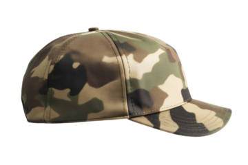 Camouflage hat with a black band and a white logo, isolated