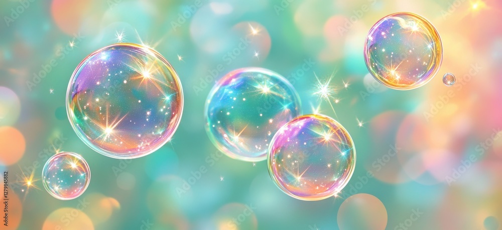 Poster colorful soap bubbles floating against a dreamy blurred background with soft lights and vibrant colo