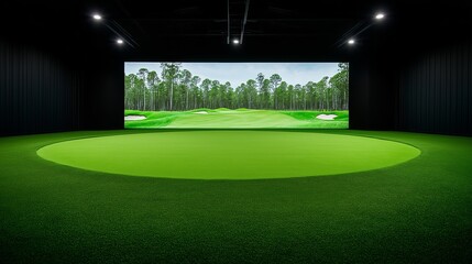 Indoor golf facility featuring a large simulator and putting green setup