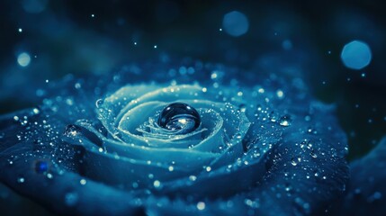 Blue Rose with Water Droplets and Sparkling Background Effect