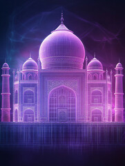Fototapeta premium Taj Mahal holographic purple futuristic sci-fi digital cyberpunk glowing neon AI technology India landmark cyber reality artificial intelligence metaverse architectural dream wallpaper print landmark