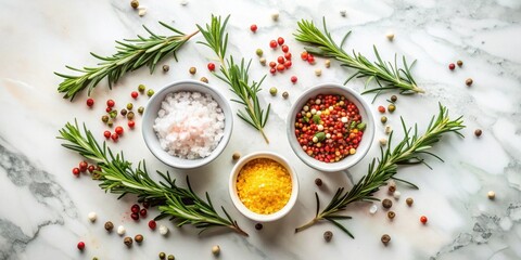 Aromatic Herbs and Colorful Peppercorns Arranged Artistically with Various Salts on a Marble Surface