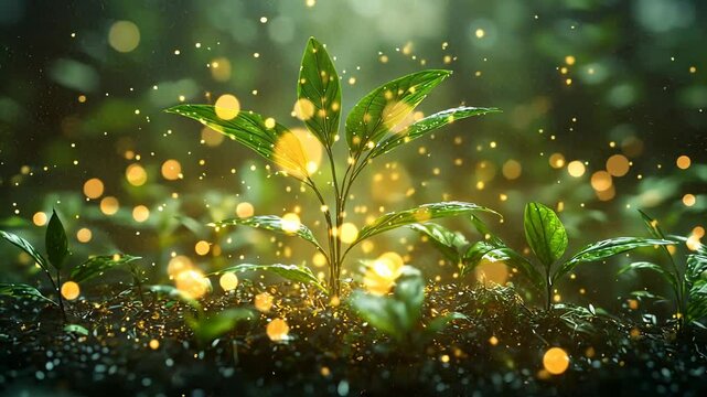Mystical glowing sprout in forest floor