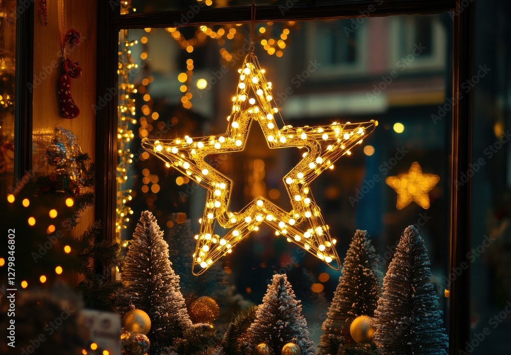 Poster decorative glowing star ornament with warm lights displayed in a festive window featuring soft bokeh