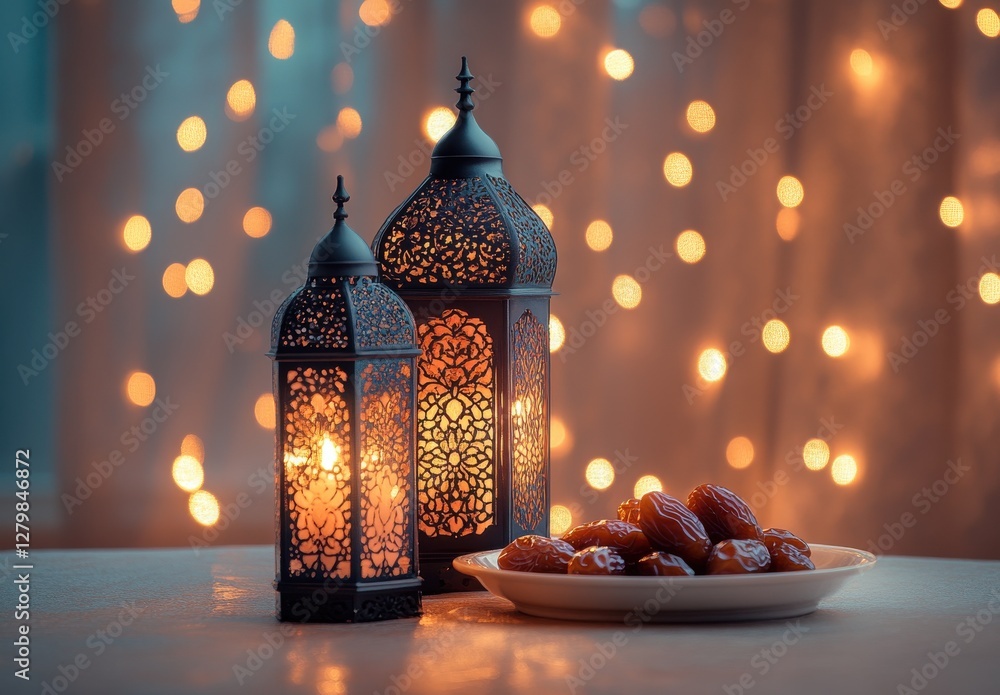 Poster decorative lanterns casting warm light alongside a plate of ripe dates, creating a cozy and inviting