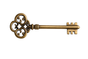 Gold key with a design of a flower on it, isolated