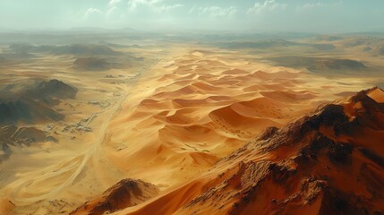 Aerial view of desert landscape, road, mountains
