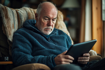 Obraz premium Senior Man Reading on Tablet in Cozy Living Room Setting