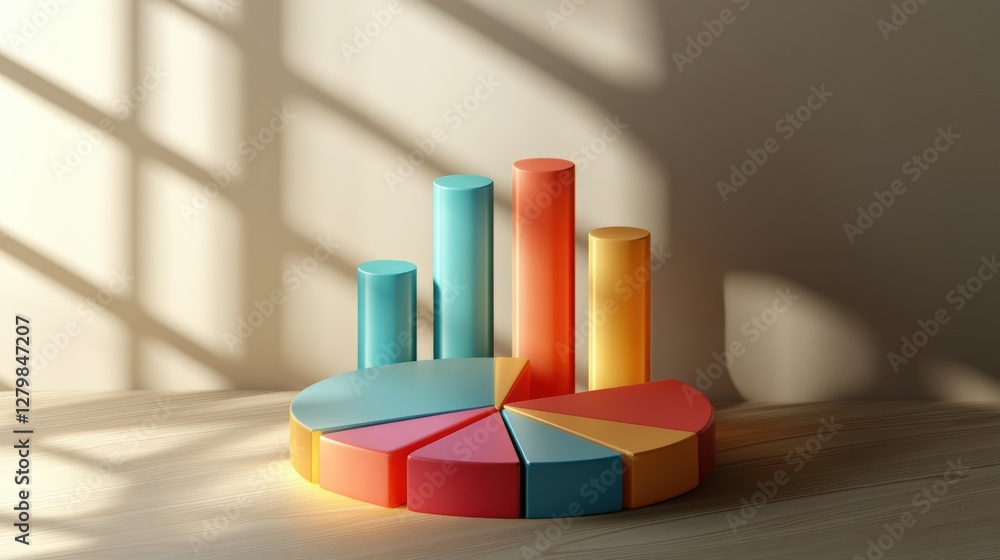 Poster colorful 3d bar and pie chart on a wooden surface with soft shadows in the background