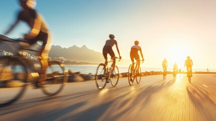 A dynamic scene of cyclists riding along a coastal road at sunset, with vivid colors and blurred motion effects