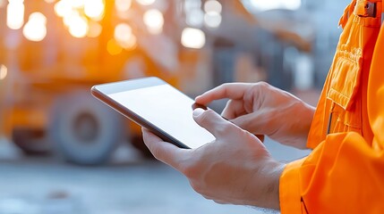 Worker using tablet at construction site.  Background shows heavy machinery. Ideal for industry, technology, and progress stock photos