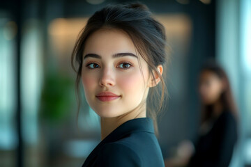 Obraz premium Young Woman in Professional Attire Smiling in Modern Office Setting