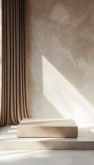A well lit room displaying a minimalist podium and curtain