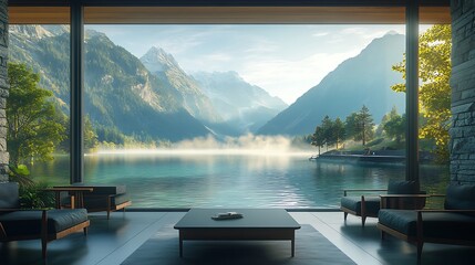 A tranquil view of a crystal-clear lake surrounded by majestic mountains, seen through an angular modern office window, mist rolling over the water, golden light creating a serene mood,