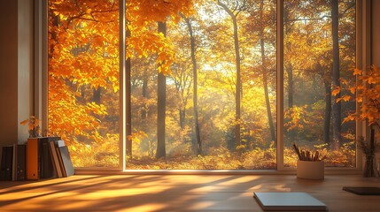 A tranquil view of a golden autumn forest glowing in sunlight, framed by a wide office window with clean glass, soft shadows and warm tones inside, a cozy workspace enhancing the serene environment,