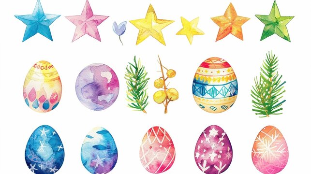 A collection of watercolor symbols for Christian holidays like Easter eggs and Christmas stars