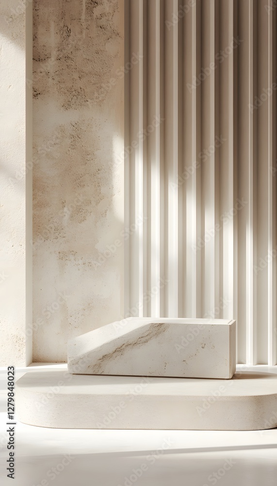 Poster a white marble block on a platform with textured walls