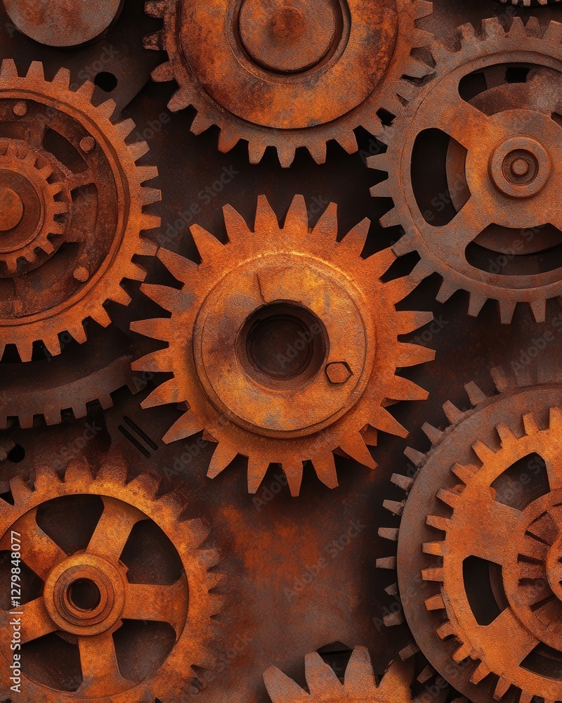 Poster detailed close-up of rusty interlocking cogwheels, showcasing texture and intricate details. ideal f