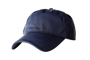 Blue baseball cap with a white logo on the front, isolated