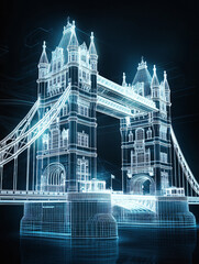 Obraz premium Tower Bridge holographic light blue futuristic sci-fi cyberpunk glowing neon AI technology London landmark cyber reality artificial intelligence metaverse architectural skyline mesh dot