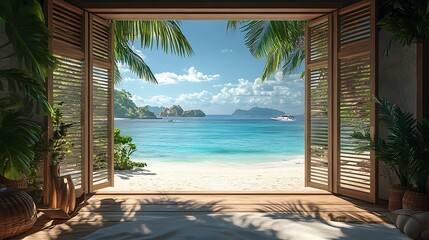 A tropical beach with white sands and crystal-clear turquoise waters, framed by the open shutters of a beachside office window, palm fronds casting shadows inside,