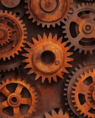 Detailed close-up of rusty interlocking cogwheels, showcasing texture and intricate details.  Ideal for industrial, steampunk, or mechanical backgrounds.