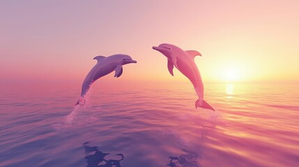 Two dolphins leaping gracefully over the shimmering ocean surface at sunset, creating splashes in the tranquil water
