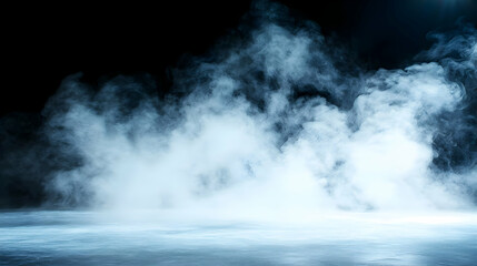 Fototapeta premium Ethereal blue smoke billows across a dark studio floor, creating a mystical atmosphere ideal for backgrounds or compositing