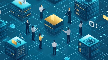 Obraz premium Group of professionals collaborating on data analysis in a high-tech server environment