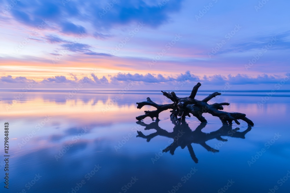 Poster large branch is floating in the ocean, with the sky in the background