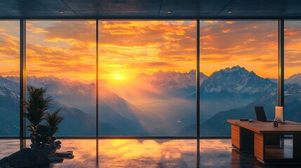 A vibrant sunrise over majestic mountains, seen through a sleek glass office window, soft golden light illuminating the peaks, cozy minimalist workspace with warm wooden accents,