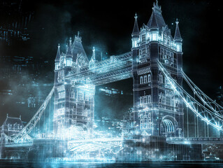 Tower Bridge holographic light blue futuristic sci-fi cyberpunk glowing neon AI technology London landmark cyber reality artificial intelligence metaverse architectural skyline mesh dot
