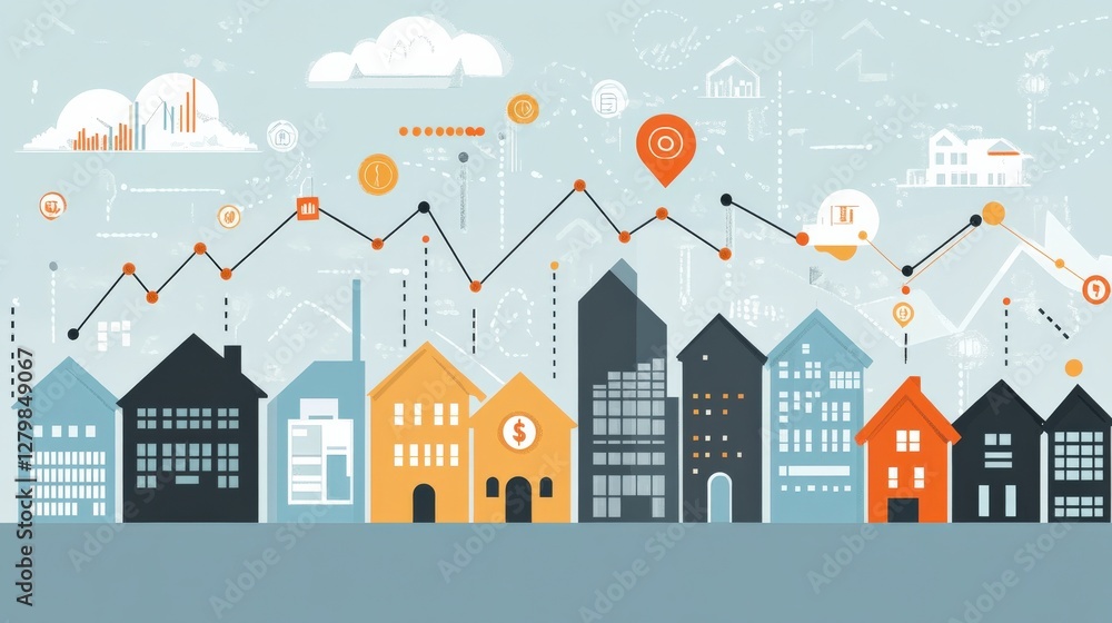 Poster colorful urban skyline with diverse buildings and data visualization elements in the background