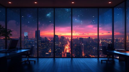 A vivid city skyline under a starry sky, seen from a high-rise office with large glass walls, lights from skyscrapers reflecting in the windows, minimalist interior with a warm ambiance,
